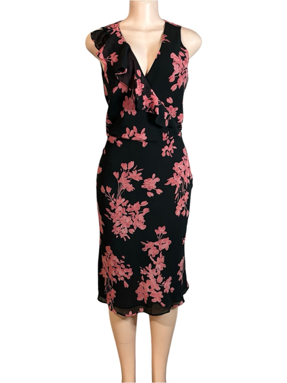 Vintage The Limited 100% Silk Floral Midi Dress Black Pink Faux Wrap Sz 6